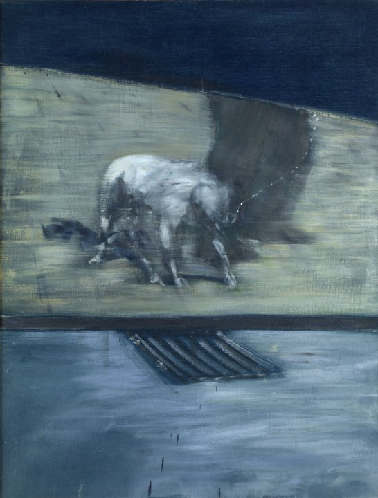 Painting that looks as if its in motion of a dog in a protective stance on leash and its owners legs are standing next to it 