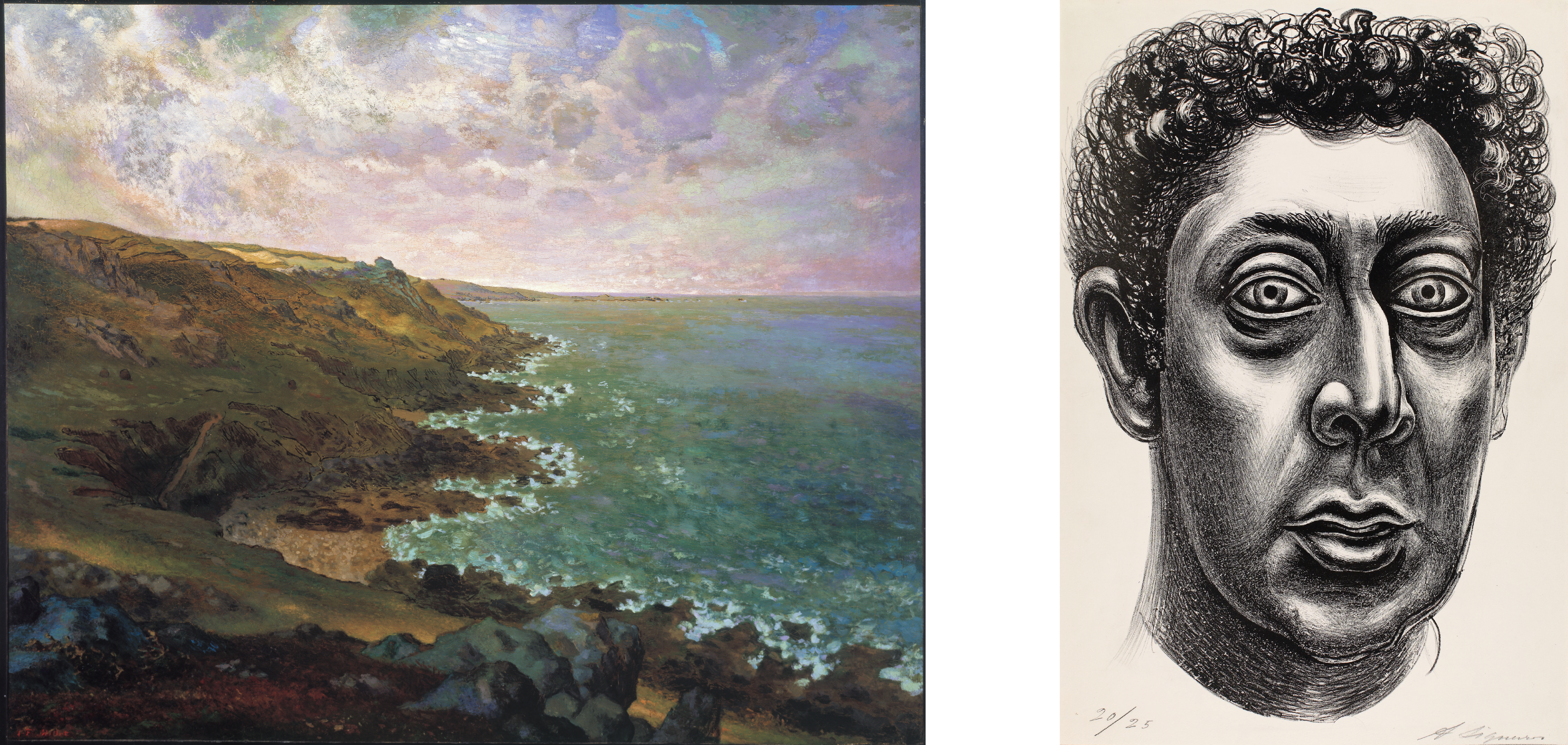 Two artworks, a painted landscape of a coastline at left and a black-and-white lithograph of a man's face at right