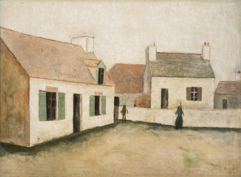 Two small roughly defined figures stand in an opening framed by a low wall and several stark houses. The houses, wall, ground, and sky are painted in a limited range of grayish creams and browns. Muted pops of color come in the form of pinkish roofs on several of the homes and green shutters on the home closest to the foreground, which is shown in three-quarter view and fills much of the left side of the painting.
