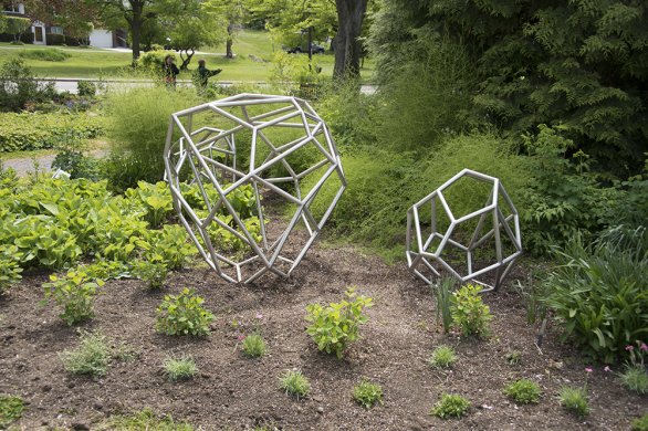 Shayne Dark's Fracture Zone #2, 2015; Fracture Zone #3, 2015; and Fracture Zone #4, 2015, on the grounds of the Buffalo and Erie County Botanical Gardens
