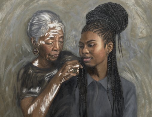 Detail of an oil painting where an older woman with grey hair and a medium-dark skin tone rests her hands on the shoulder of a younger woman with long dark braided hair and medium-dark skin tone