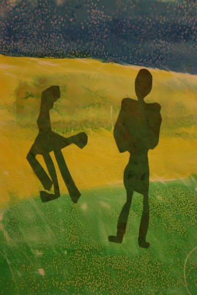 Painting of two dark figures on a Green, yellow and blue color blocked landscape