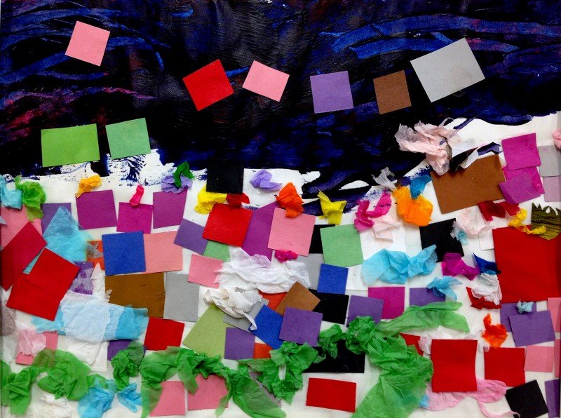 Collage with colorful paper squares on black background