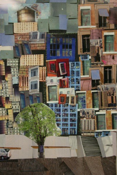 Collage of a cityscape with tree