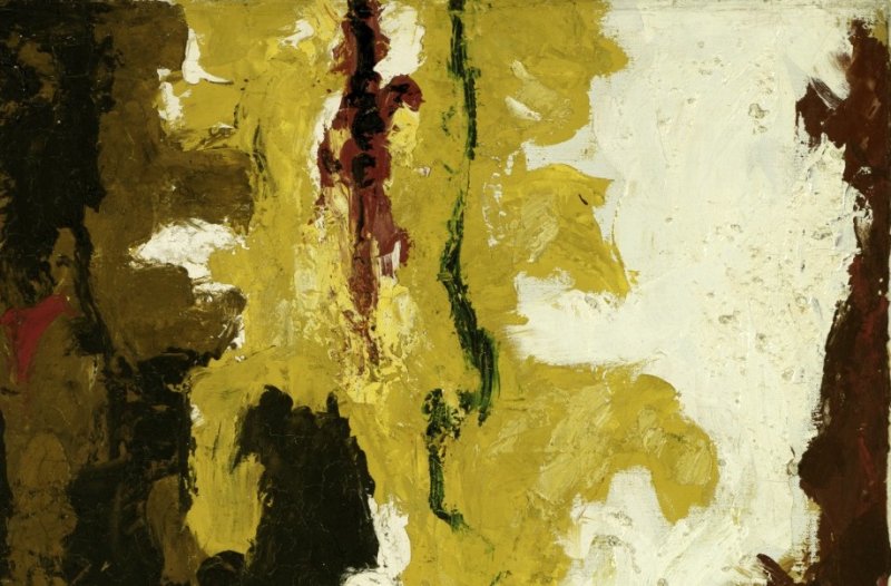 Detail of an abstract painting consisting of shades of brown, red, green, yellow, and white