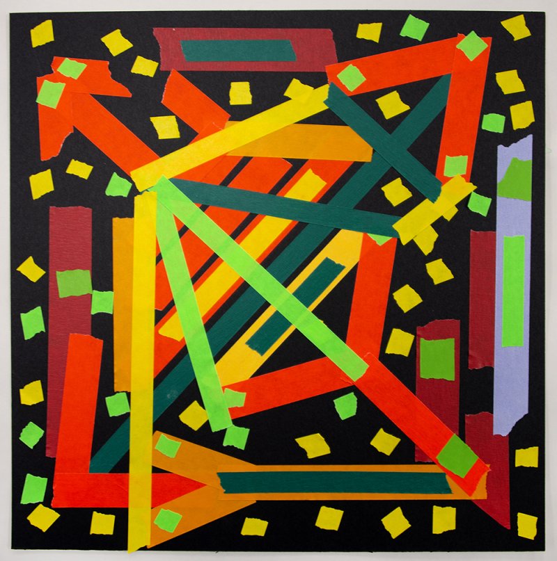 An artwork composed of stripes and dots using red, orange, yellow, and green tape on a black background