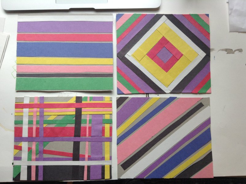 Four artworks featuring different colored stripes
