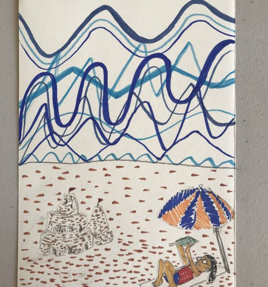 Drawing of a person lying on a beach with blue wavy lines above them