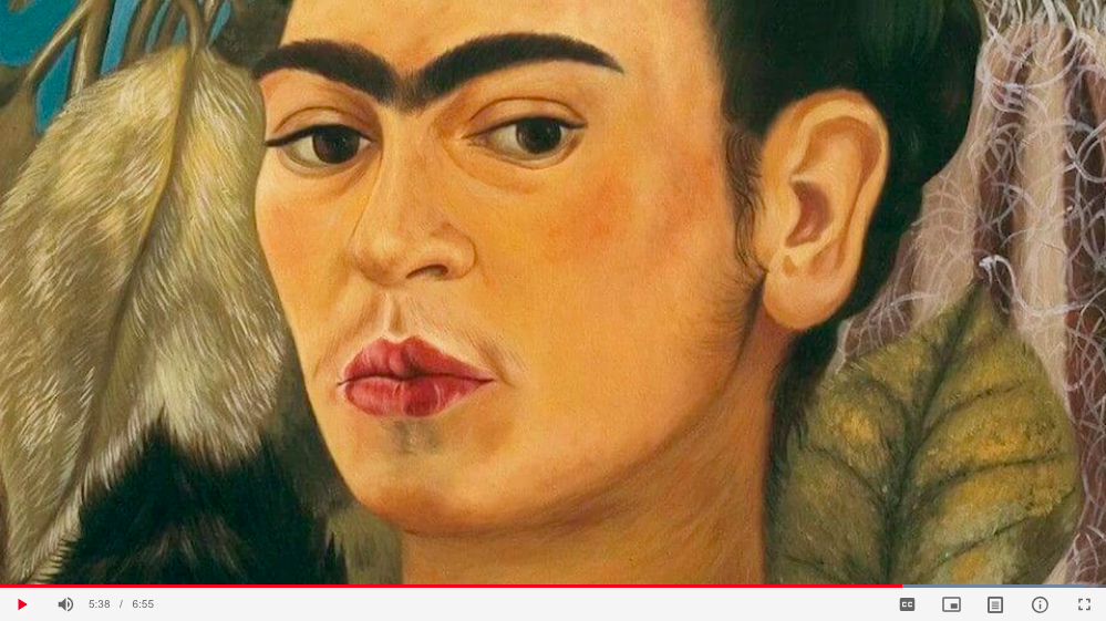 A screenshot of a video about Frida Kahlo's "Self-Portrait with Monkey"