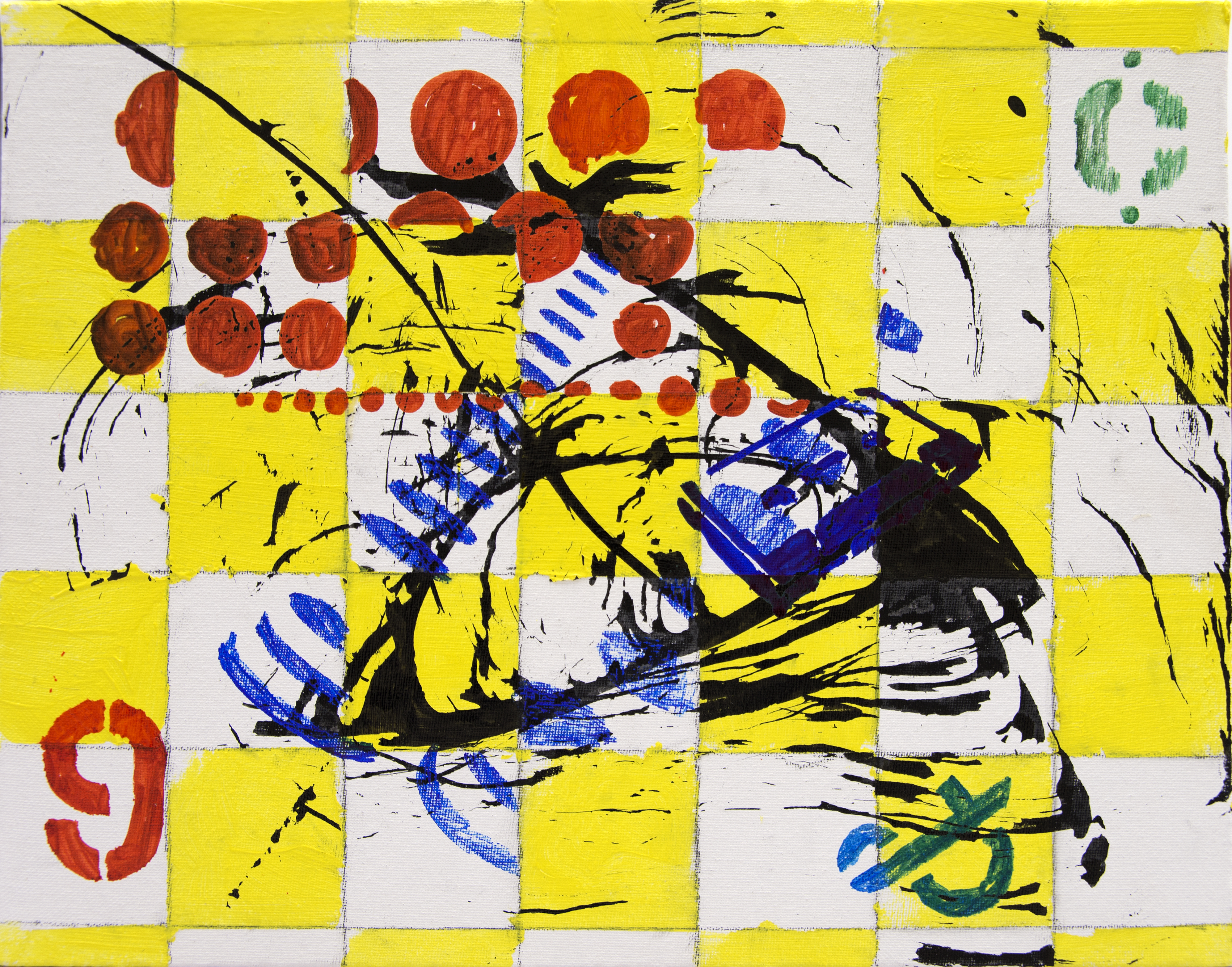 Bright yellow checkerboard background against which stenciled numbers and letters, red circles, and blue and black splotches have been painted