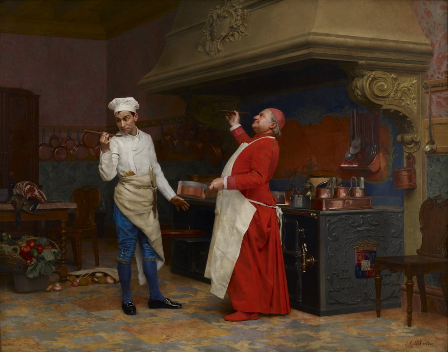 Painting of a kitchen and a man in a red robe and white apron with a red cap holds a sauce pan and spoon and is showing his work to another white man who is a bit younger and is wearing a chef's hat and white chef's clothing and blue pants  