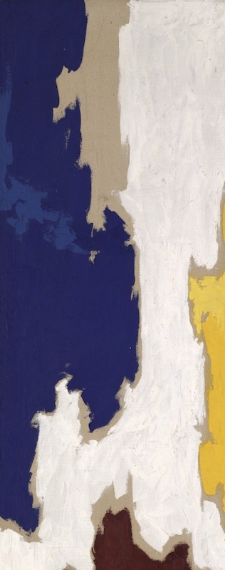 Detail of abstract oil painting with shades of cobalt blue, white, beige, maroon, and yellow