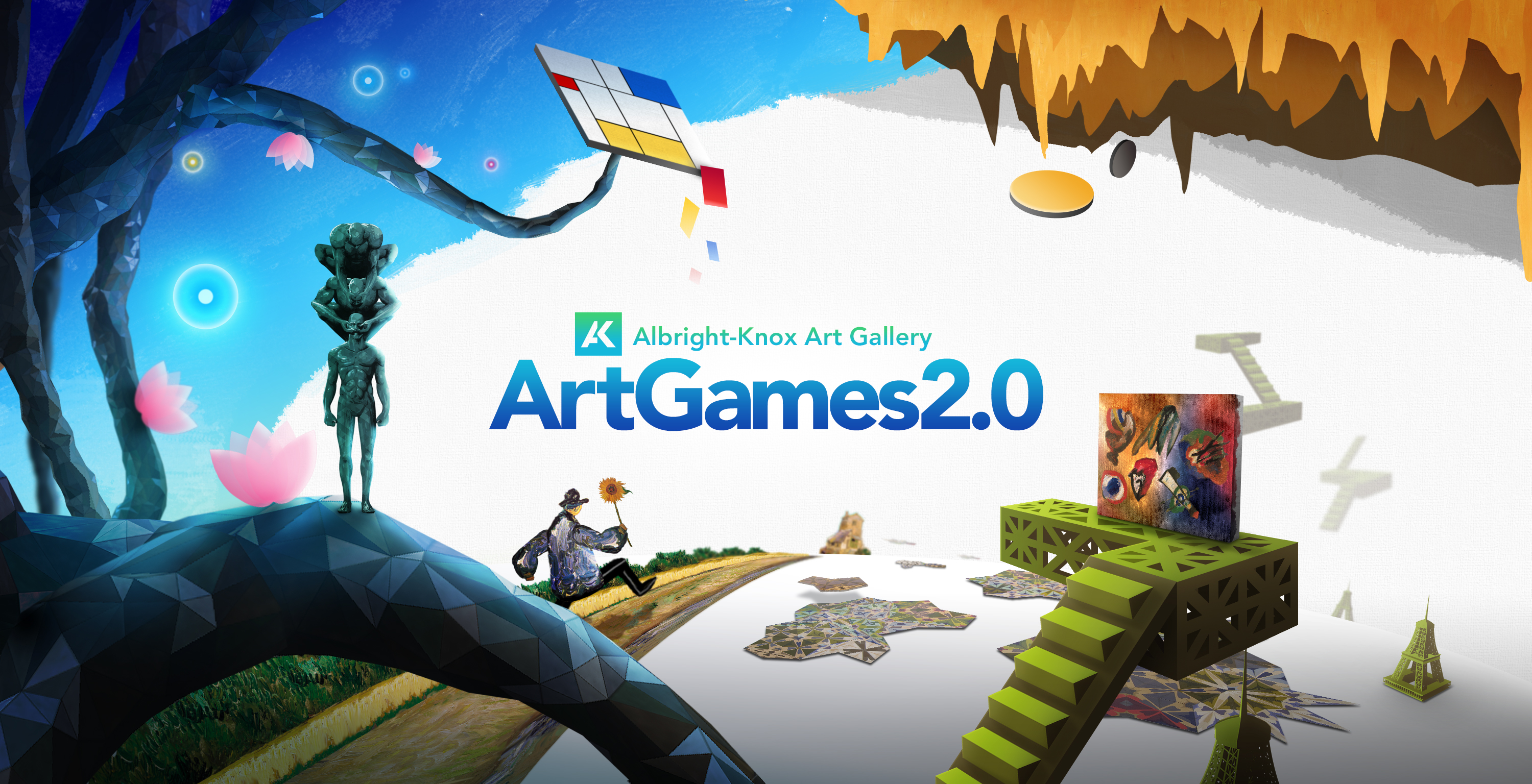 ArtGames 2.0 promotional graphic with visual elements from all seven games