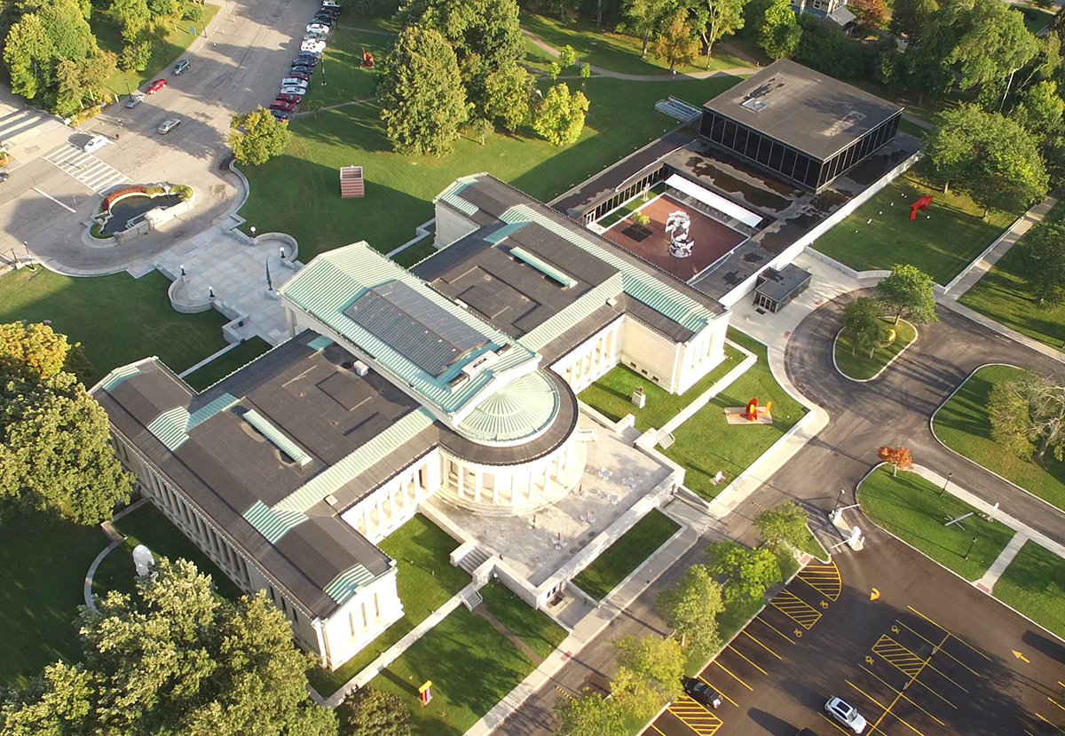 An aerial view of the museum's campus