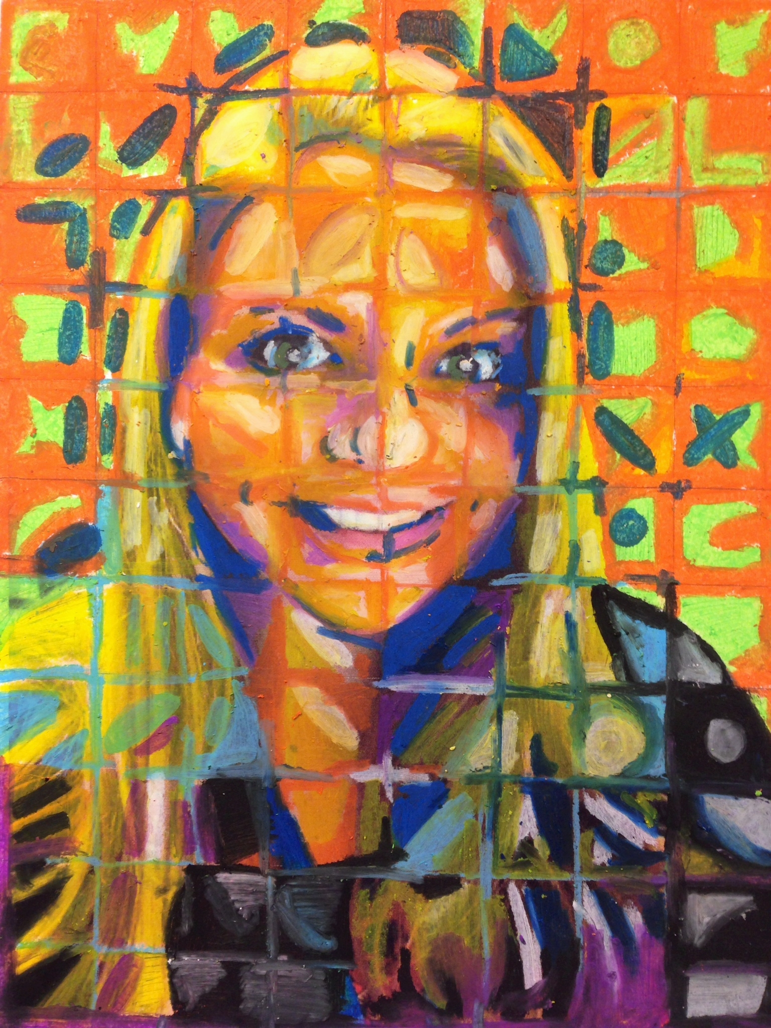 Grid-style portrait of a young woman drawn in pastel