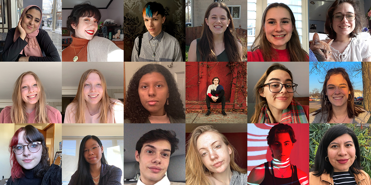 A grid of 18 headshots of a diverse group of teenagers and, in the bottom right corner, a Latinx woman