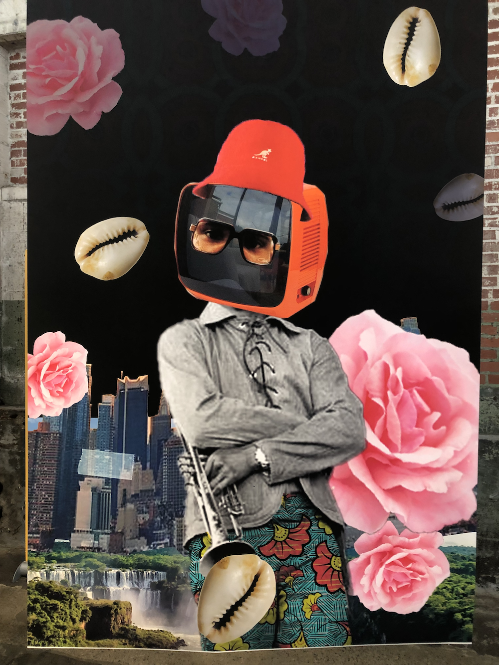 Collage by BLACKMAU featuring a black and white torso of a trumpet player with a TV head wearing a red bucket hat and African-inspired patterned pants