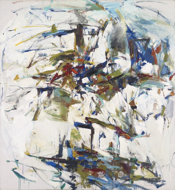 Abstract painting, oil on canvas, rapid brush strokes in bright blue, with ochre, red, and black against a white background