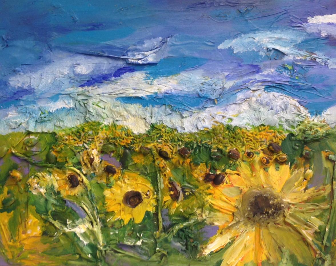 Painting of sunflowers in a field