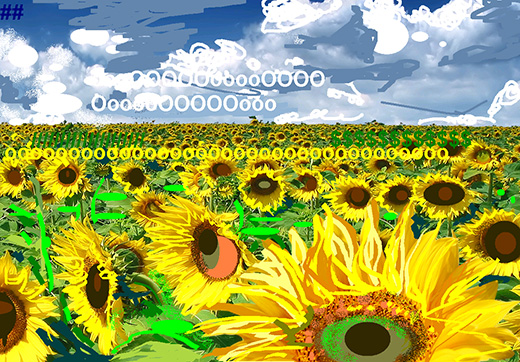 Computer-generated artwork of sunflowers in a field