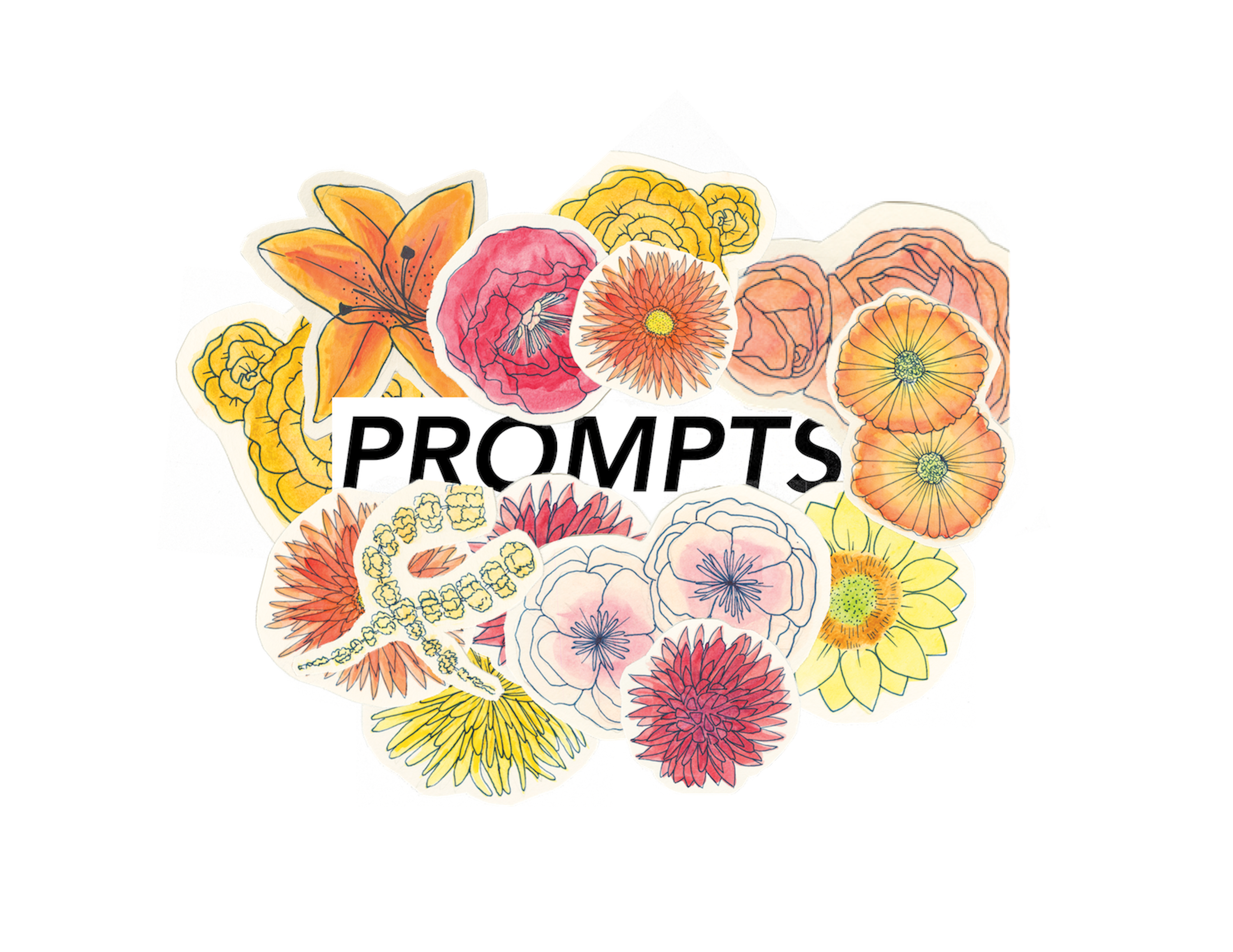 Text that reads "Prompts" sits amid a bed of hand-drawn, brightly colored flowers