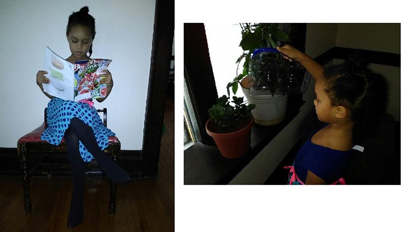Two photographs - one of an African American girl reading and one of an African American girl watering a plant