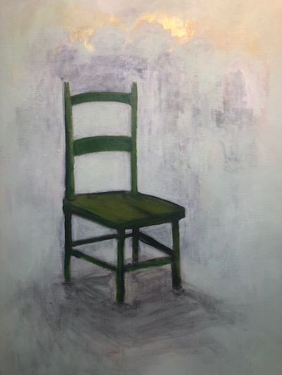 Painting of an empty, green wooden chair 