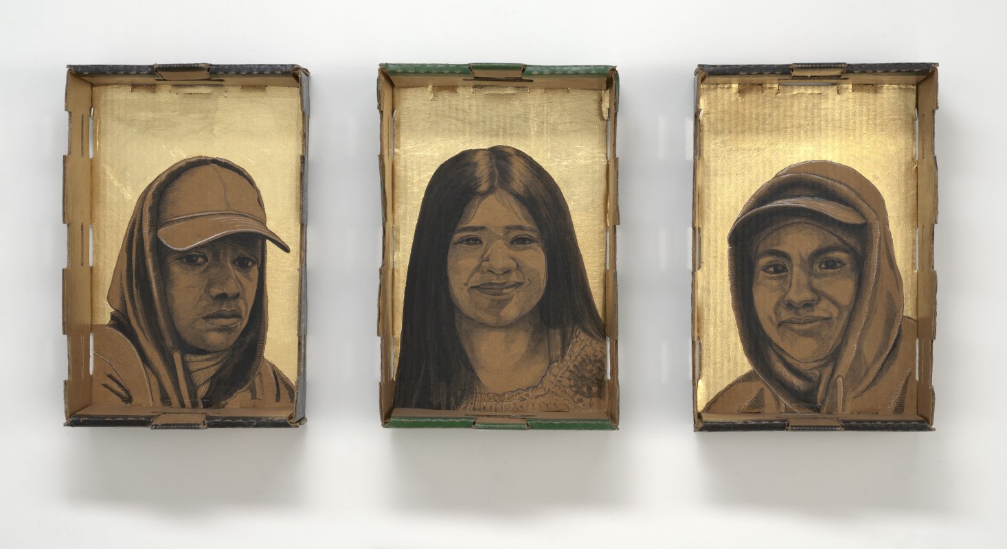 Three portraits drawn inside cardboard boxes with background of gold