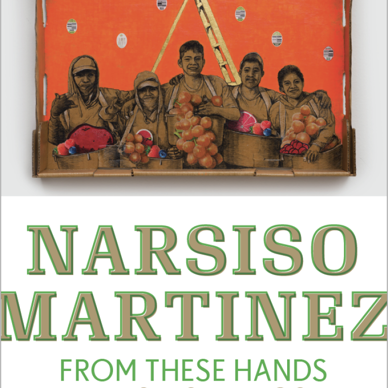 Image of a document cover featuring a red and black image of a group of people with a golden ladder ins the background, below the image the words: "Narsiso Martinez" 