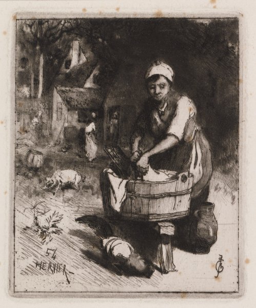 Femme lavant dans un baquet