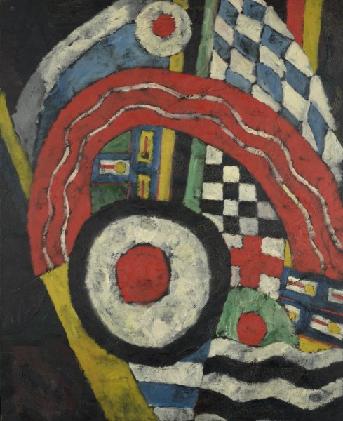 Diverse abstract patterns layer atop one another and a black background to fill much of this painting. Slightly below the center of the painting is a circle with a red center with white and black rings. Above this curves a red arc with two parallel, irregular white lines that spans nearly the entire width of the painting. Behind these elements are smaller sections of checked and ribbon-like patterns.