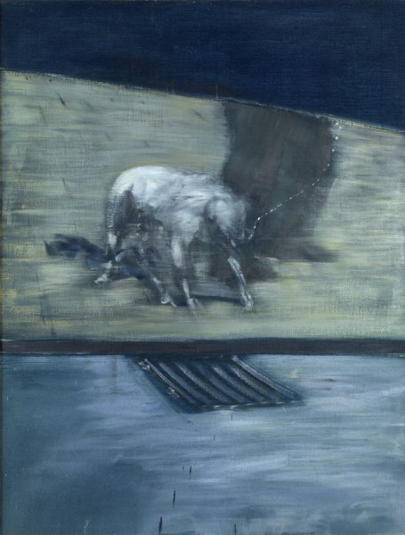 A muscular white dog on a chain leash and the lower legs of its owner are visible beneath a dark blue trapezoid that fills the upper quarter of this vertically oriented canvas. The pair stand on sidewalk abutting a stretch of road perforated by a storm drain. The dog’s head and tail are lowered, and its front two legs extended as if caught in the moment springing forward. The artist’s palette of black, beige, and grey conveys a dark and tense atmosphere.