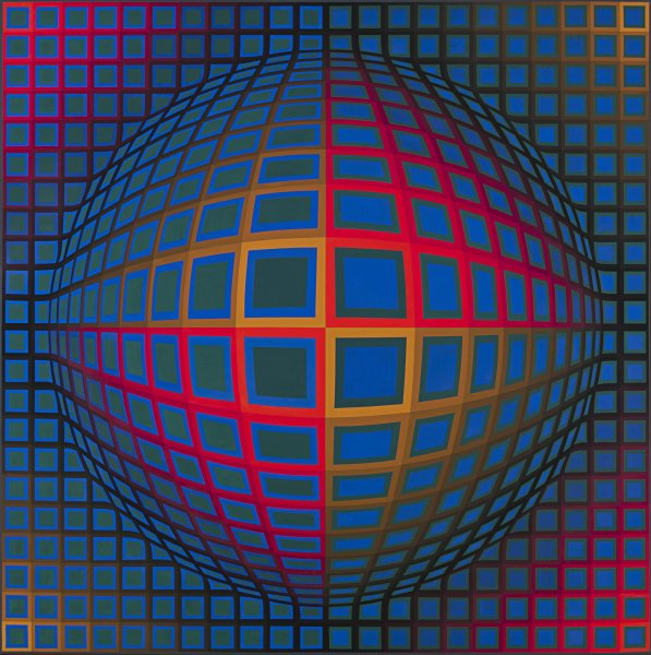 A brightly colored grid stands out in sharp contrast against the dark blue and green background of this large-scale square painting. At the center of the work, the artist distorted the grid to create the optical illusion of a large spherical shape bulging out of this flat surface.