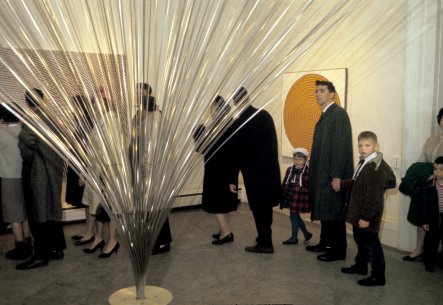 Visitors with Len Lye’s Fountain, 1963, at the opening of exhibition Art Today: Kinetic &amp; Optic and The Buffalo Festival of the Arts on March 14, 1965