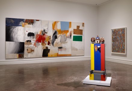 From left: Robert Rauschenberg’s Ace, 1962, Marisol&#039;s Tea for Three, 1960; and Jasper Johns’s Numbers in Color, 1958–59, on view in Giant Steps: Artists and the 1960s
