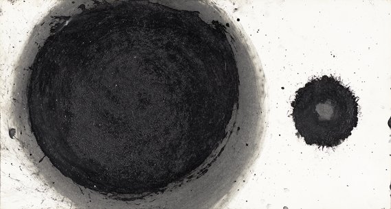 A painting of two black circles - one very large and one very small