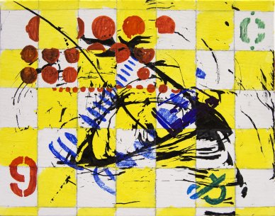Bright yellow checkerboard background against which stenciled numbers and letters, red circles, and blue and black splotches have been painted
