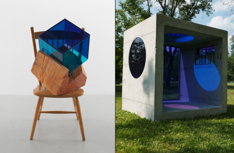 Composite image: (left) wooden chair facing front with block of wood resting on seat and blue transparent cube nestled in block; (right) concrete cube open on one side, sitting in a green field, circular porthole with blue colored glass on left site, blue colored glass cover the back wall of the cube, casting a blue light over interior of cube.