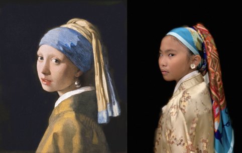A re-creation of a painting of a girl with a blue and gold scarf around her head and a white pearl earring