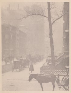 Alfred Stieglitz (American, 1864–1946). The Street, Fifth Avenue, 1896. Photogravure, 26 x 19 1/2 inches (66 x 49.5 cm). Collection Albright-Knox Art Gallery; General Fund, 1911. International Exhibition of Pictorial Photography catalogue number 427.