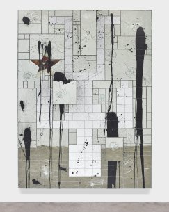 A an artwork that is taller than it is wide featuring mirrored tiles and a an outline of an upside down man made out of white tiles