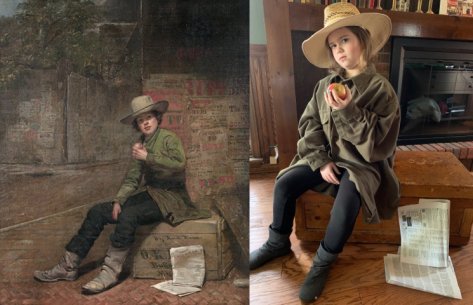 Thomas LeClear&#039;s Buffalo Newsboy, at left, and a girl re-creating the painting, at right