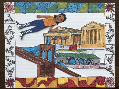 A collage of special places with a drawing of a person flying over them