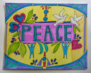 A drawing with the word &quot;PEACE&quot; in the center and doves, flowers, and hearts all around it