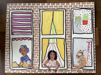 A drawing of three windows, one with a person, one with a girl, and one with a cat