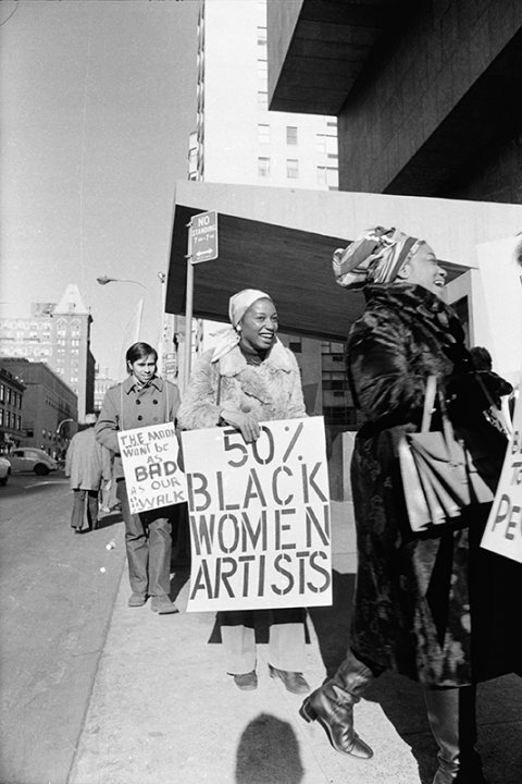 Jan van Raay&#039;s photograph of Faith Ringgold (right) and Michele Wallace (middle) at Art Workers Coalition Protest, Whitney Museum, 1971