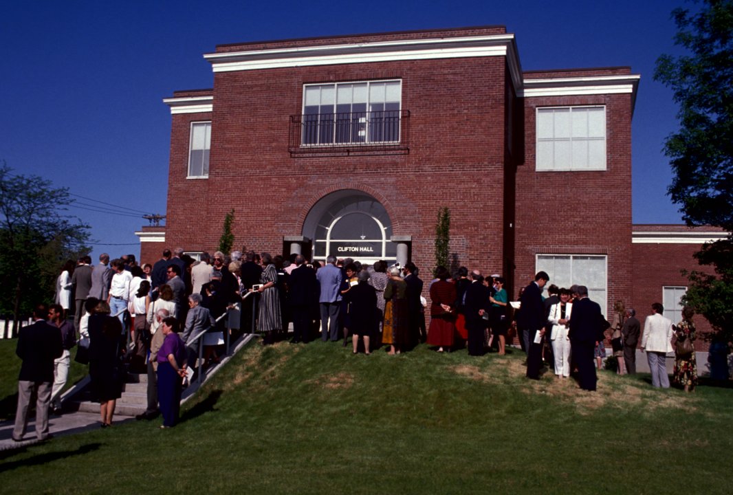 People line up outside the newly reopened Clifton Hall