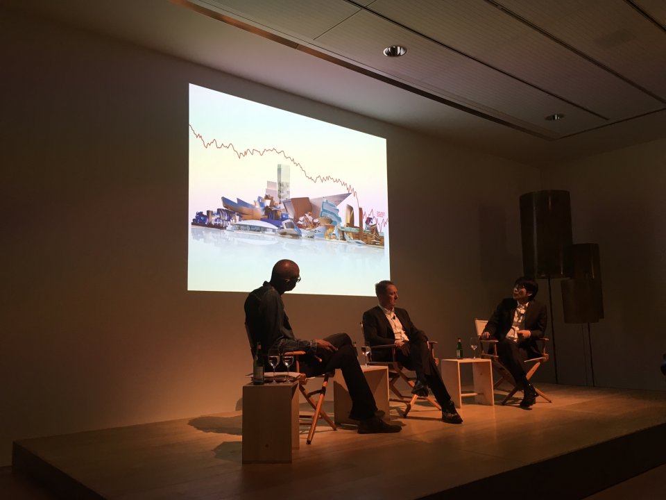 Artist Mark Bradford, Peggy Pierce Elfvin Director Dr. Janne Sirén, and architect Shohei Shigematsu/OMA in a panel discussion