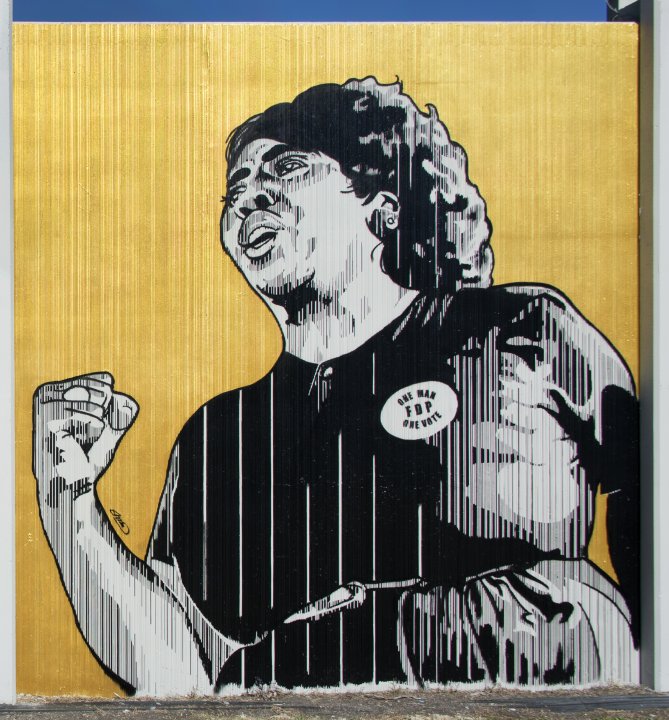 Edreys Wajed’s portrait of Fannie Lou Hamer for The Freedom Wall, 2017