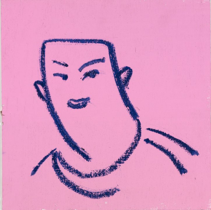 Blue crayon figure on pink